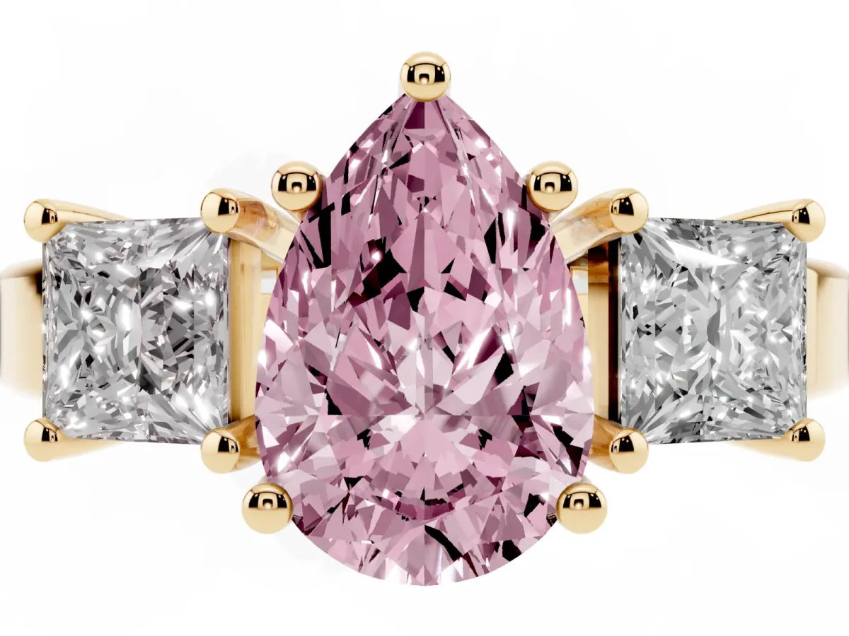 Fancy Pink Three-Stone Pear Cut Cut Solitaire Ring with Prong Setting Yellow gold