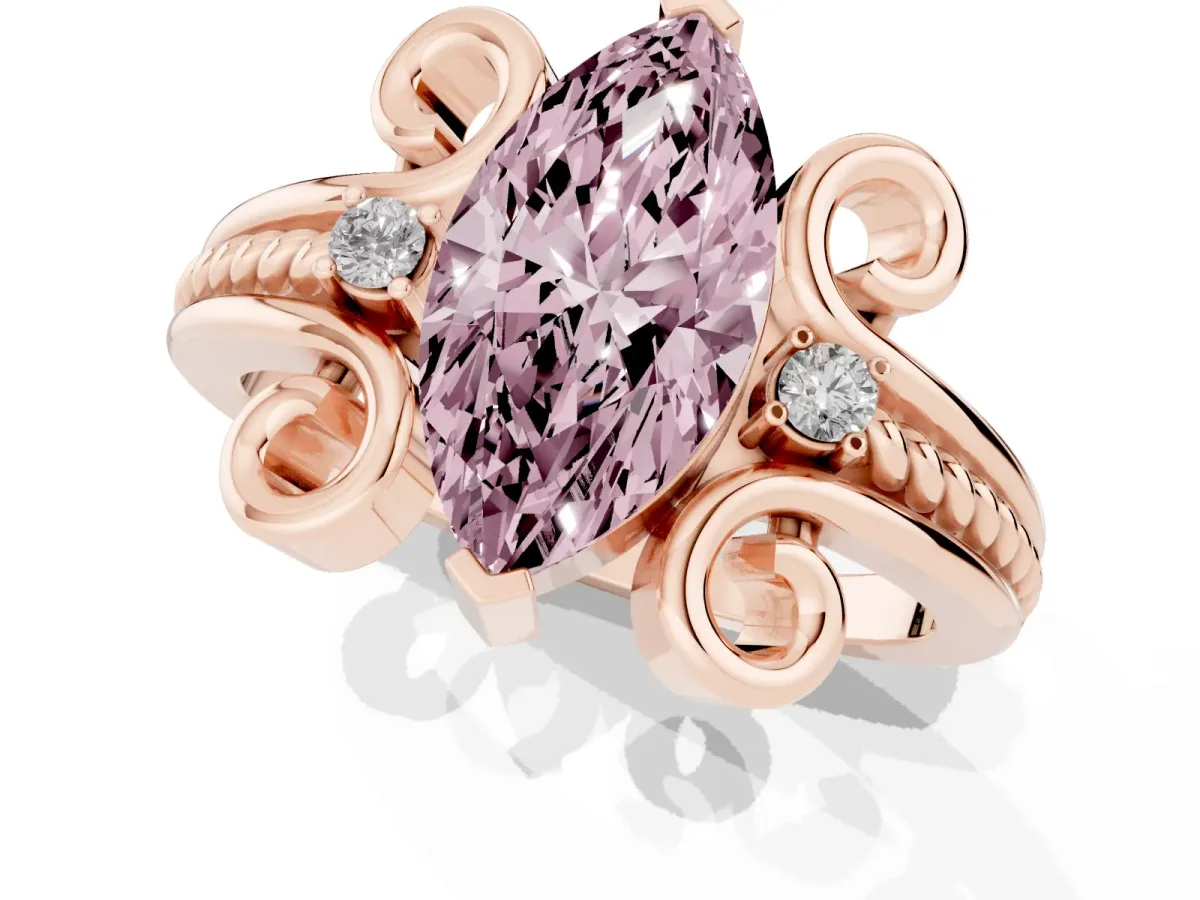 Fancy Pink Marquise Cut Solitaire Twisted Band Scroll Prong Ring Rose gold