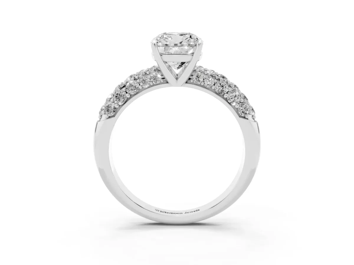 Cushion Cut Diamond Pavé Band Solitaire Ring with Four-Prong Setting Silver