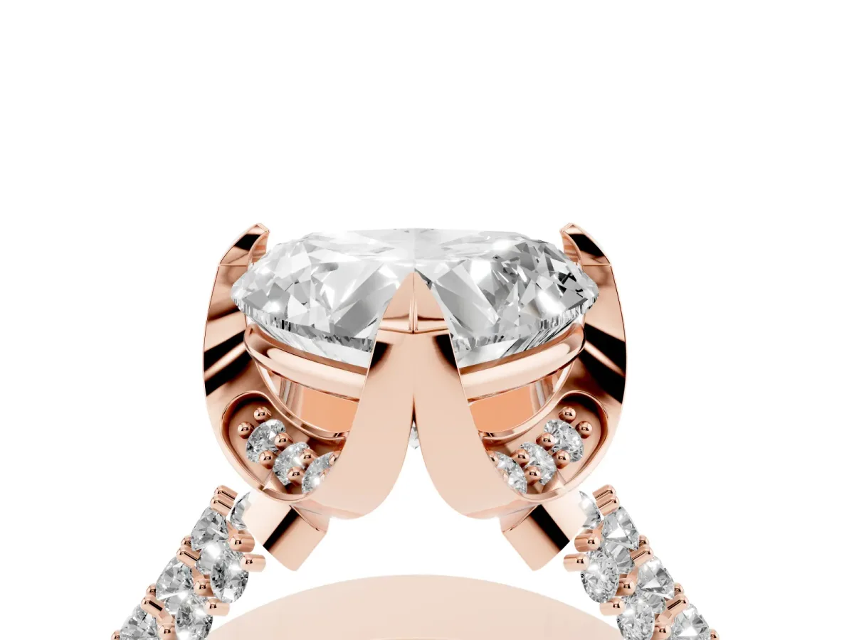 Heart Cut Solitaire Pave Split Shank Ring with Four-Prong Setting Rose gold