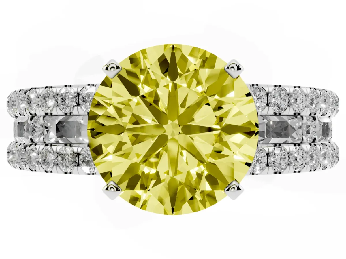 Fancy Yellow Round Cut Diamond Solitaire Ring with Pavé and Channel Set Band Silver