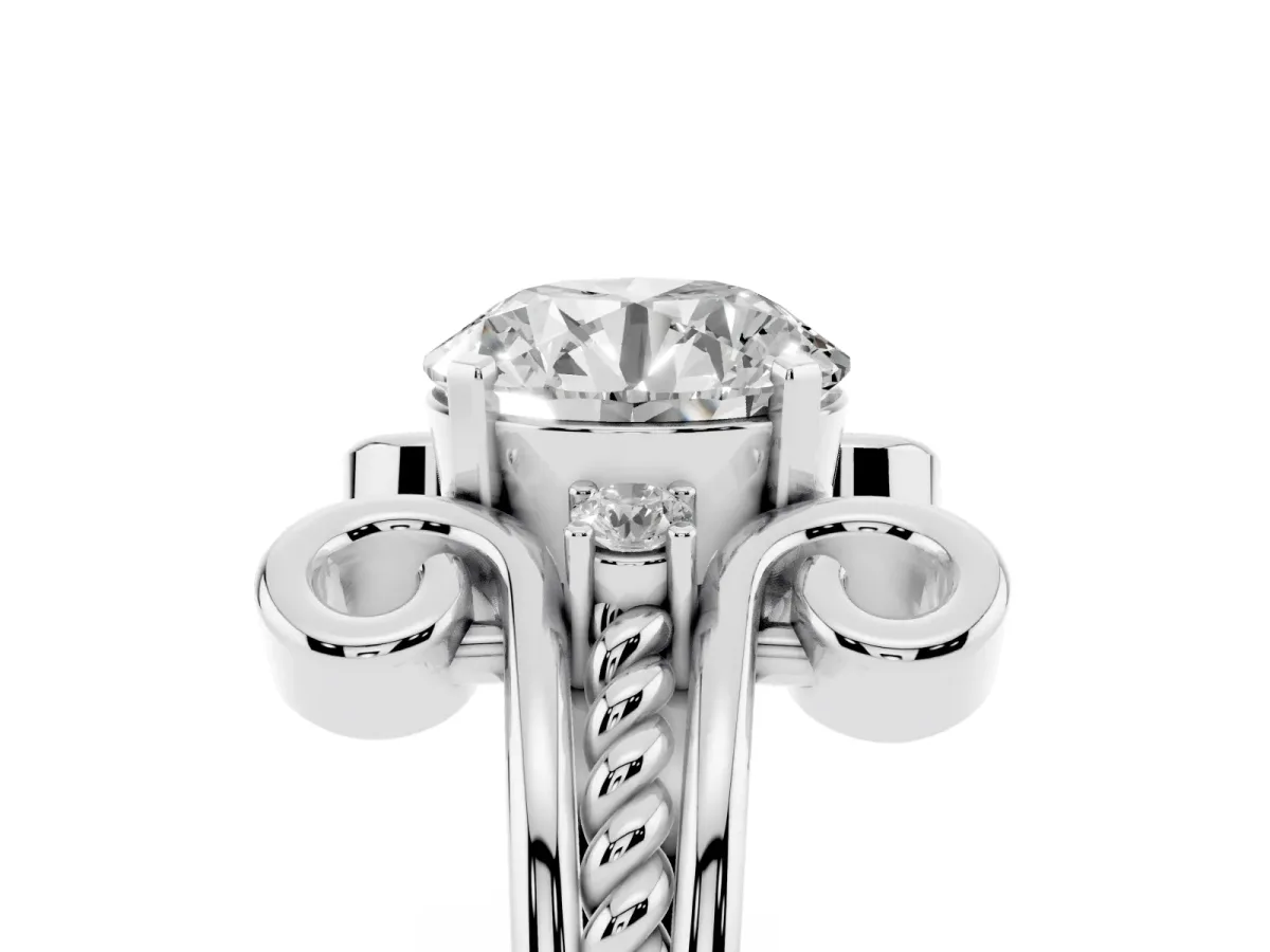 Round Cut Solitaire Twisted Band Scroll Prong Ring Silver