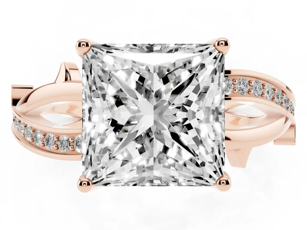 Princess Cut Solitaire Twist Band with Pavé Accents and Four-Prong Setting Rose gold