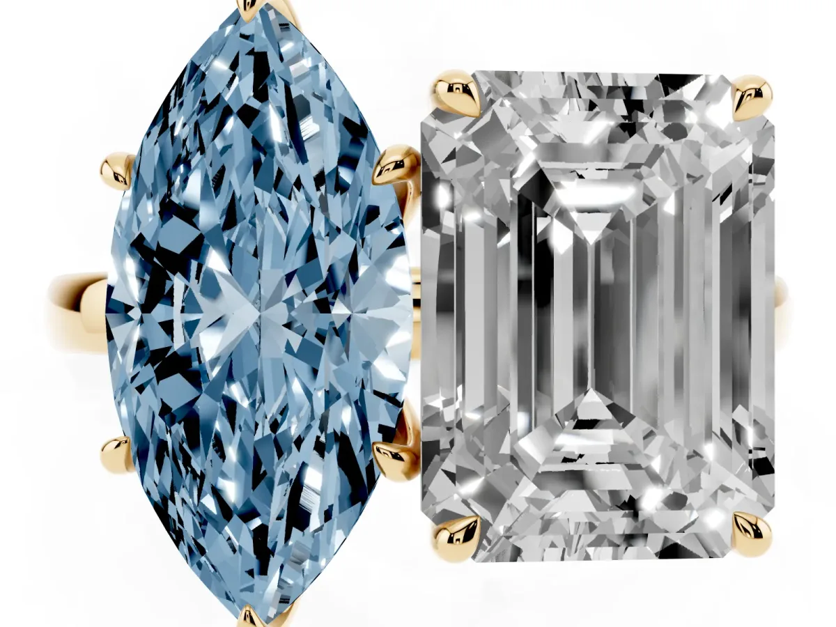 Fancy Blue Marquise Cut and Emerald Cut Toi Moi Ring with Prong Setting Yellow gold