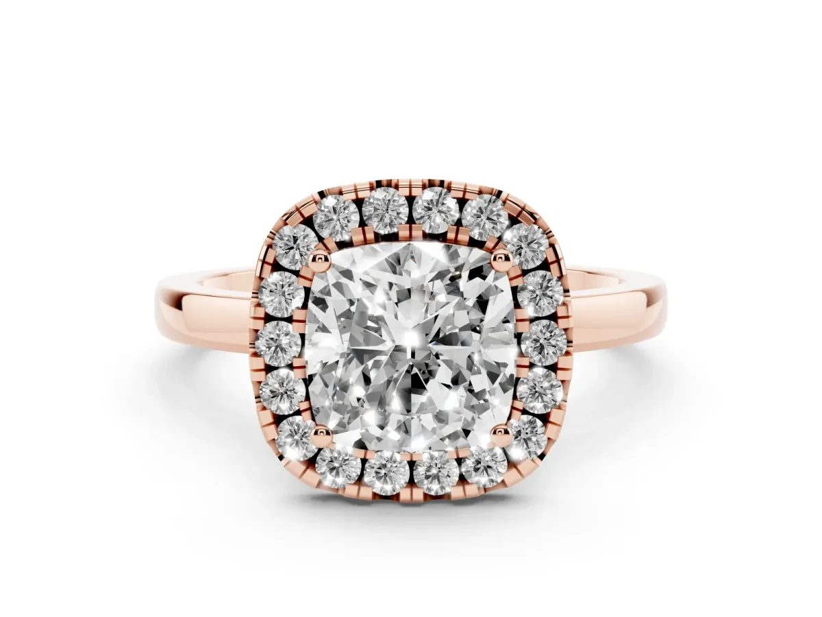 Cushion Cut Halo Diamond Solitaire with Pavé Band and Four-Prong Setting Rose gold