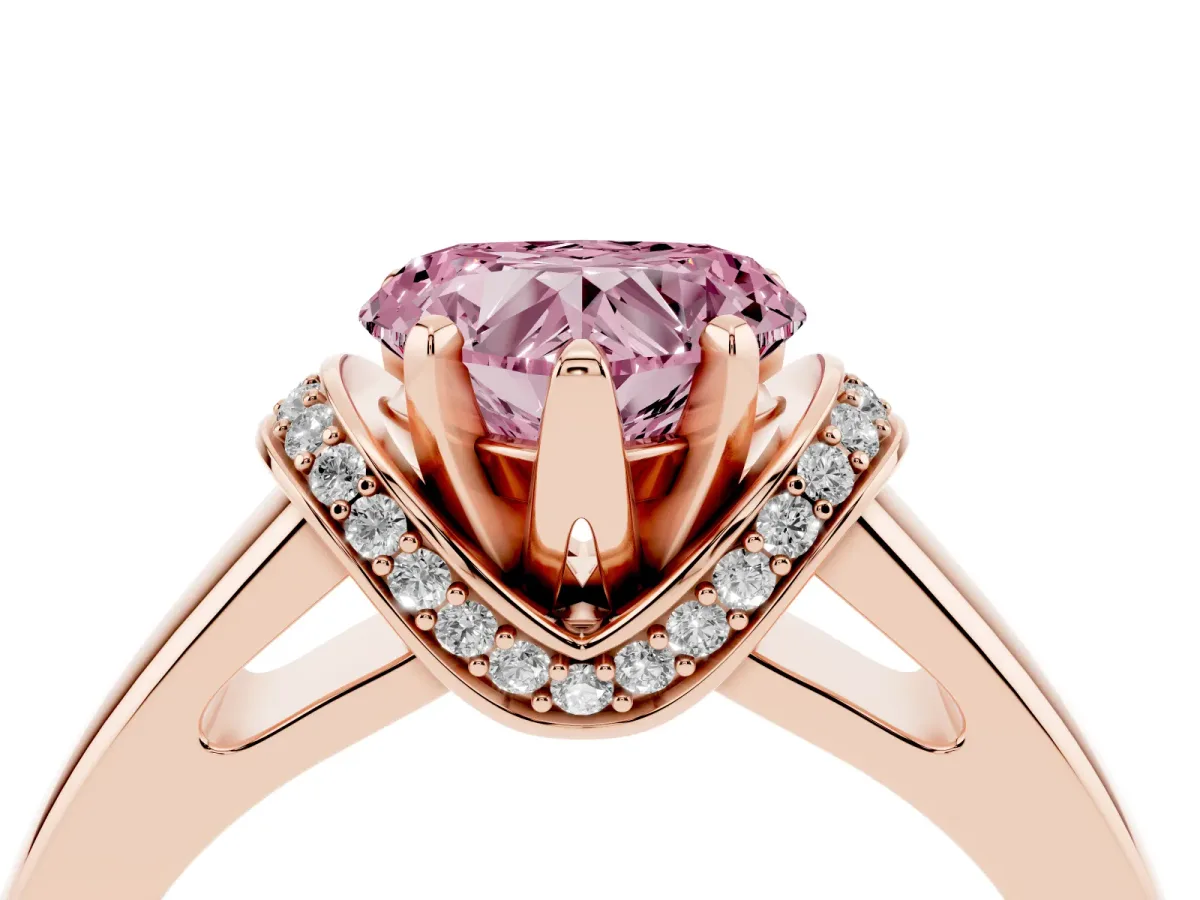 Fancy Pink Heart Cut Solitaire Diamond Ring with Pave Band and Six-Prong Setting Rose gold