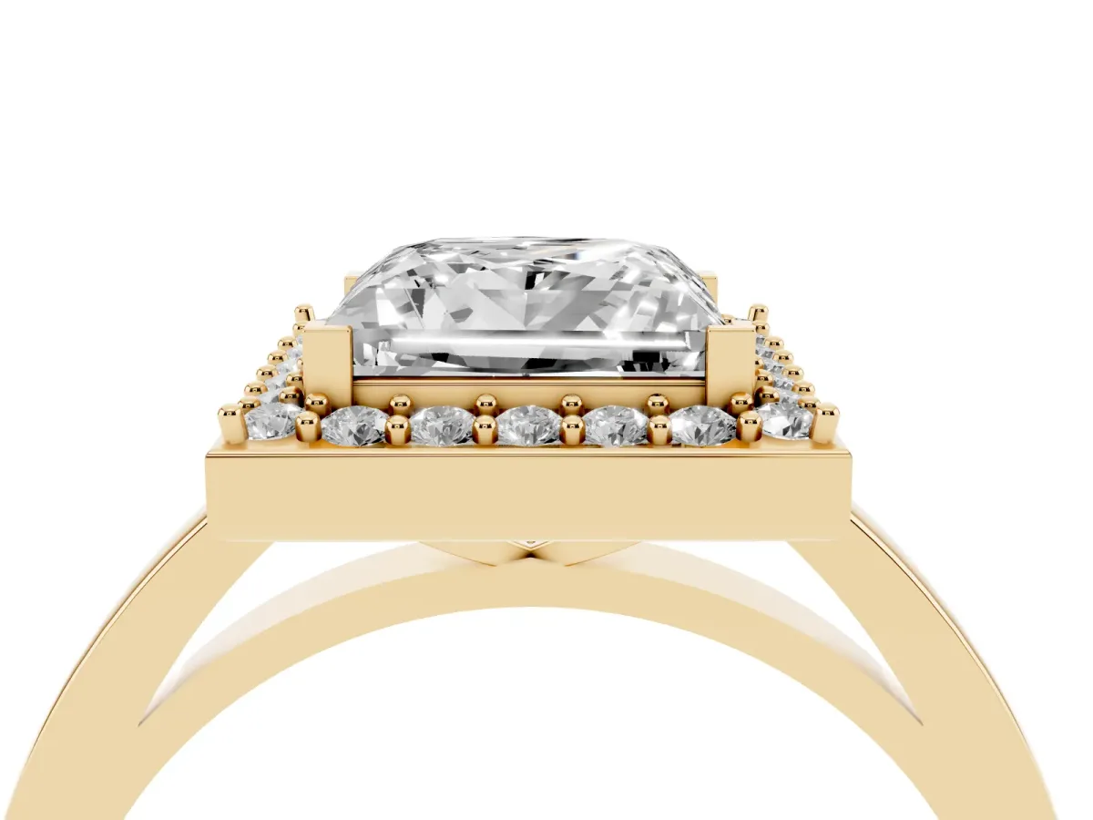 Princess Cut Halo Diamond Ring with Solitaire Band and Prong Setting Yellow gold