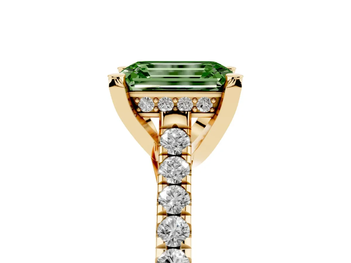 Fancy Green Emerald Cut Brilliant Diamond Solitaire with Pavé Band and Four-Prong Setting Yellow gold
