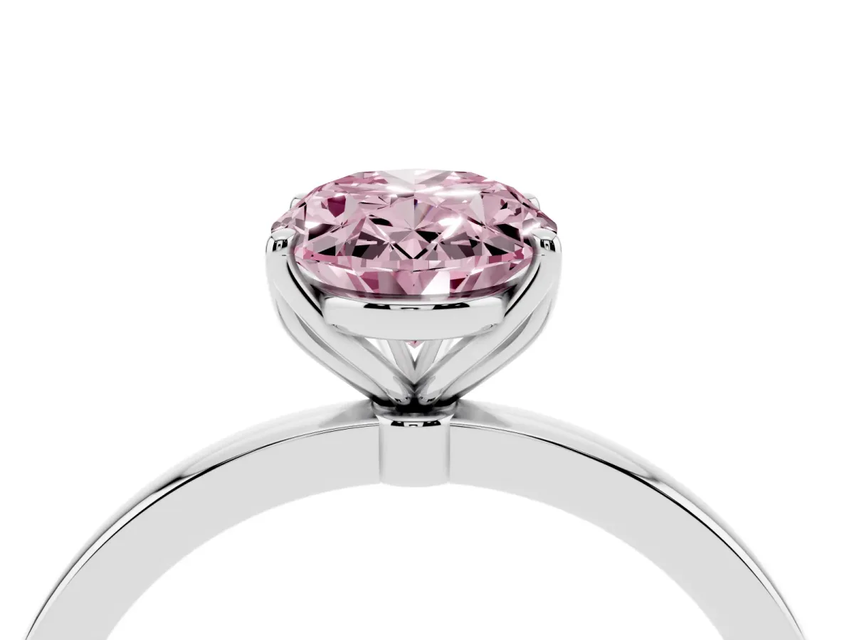 Fancy Pink Oval Cut Diamond Solitaire Ring with Thin Band and Prong Setting Silver