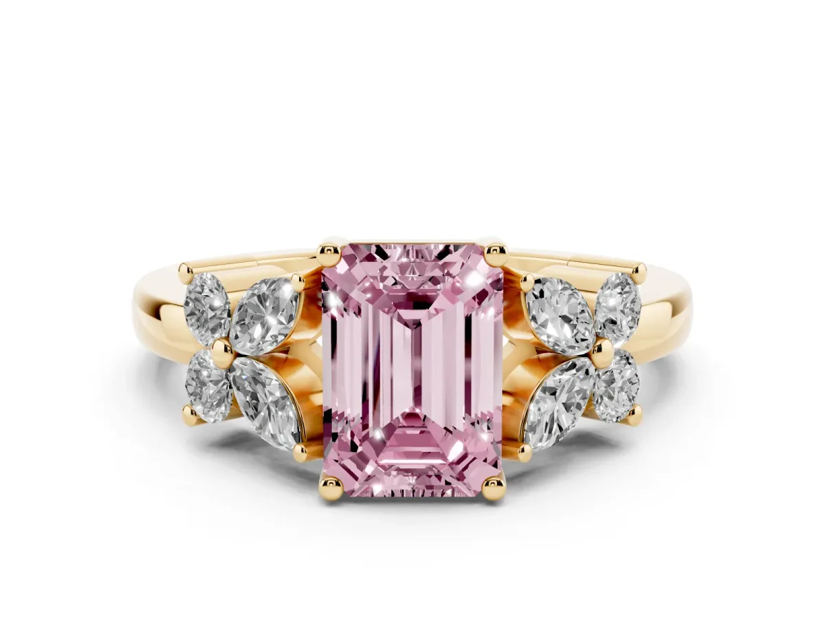 Fancy Pink Emerald Cut Diamond Floral Cluster Ring with Solitaire Band and Prong Setting Yellow gold