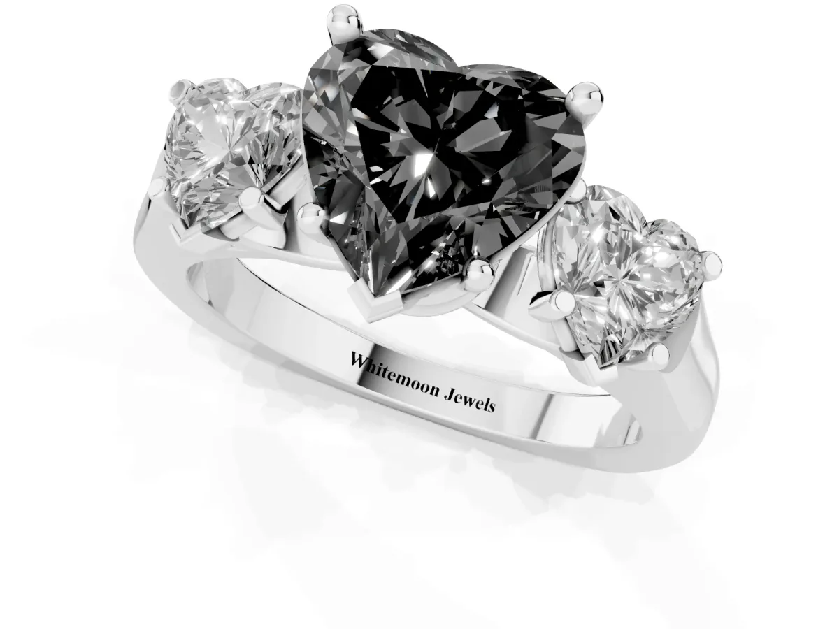 Fancy Black Three-Stone Heart Cut Brilliant Diamond Trellis Ring with Comfort Fit Band Silver