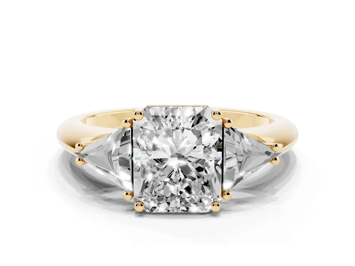 Three-Stone Radiant Cut Diamond Engagement Ring with Trillion Side Stones and Prong Setting Yellow gold