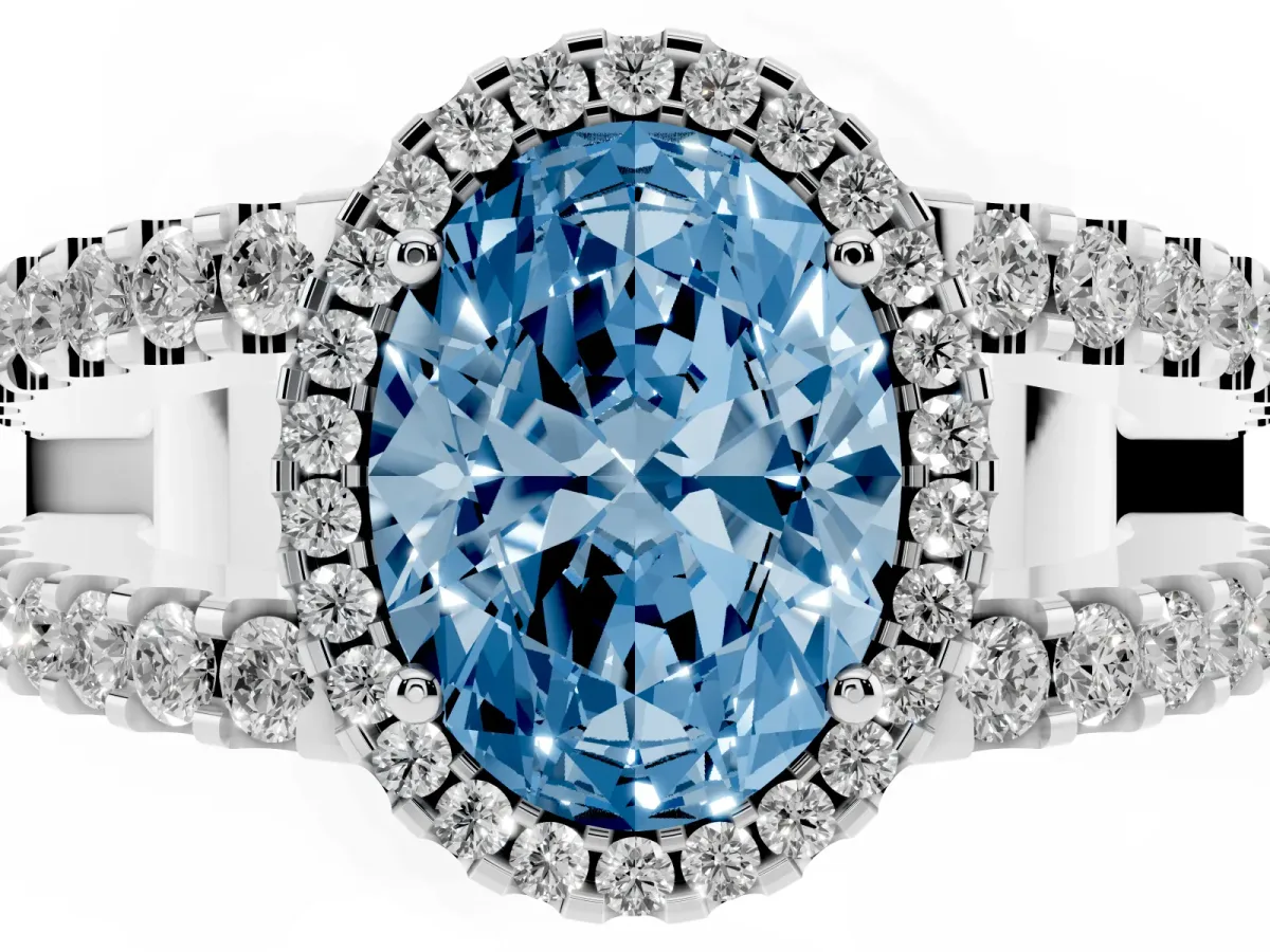 Fancy Blue Oval Cut Cut Halo Split Shank Diamond Ring with Four-Prong Setting Silver