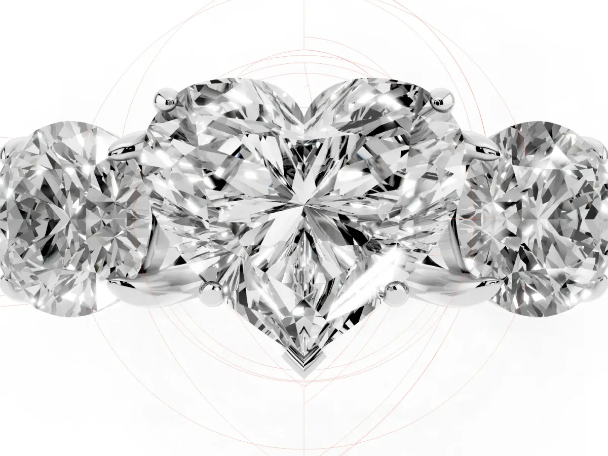 Three-Stone Heart Cut Cut Diamond Ring with Round Accent Stones, Prong Setting, and Classic Band Platinum