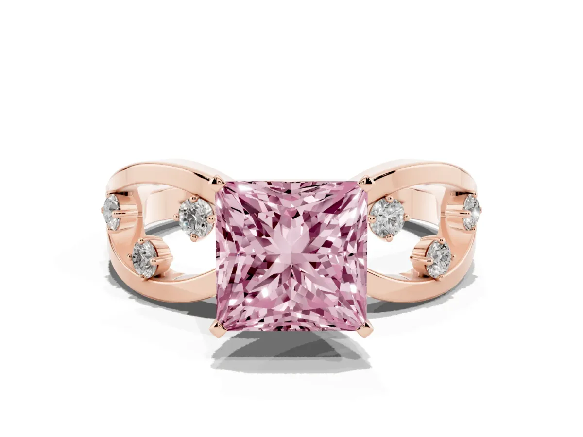 Fancy Pink Princess Cut Cut Solitaire Diamond with Side Stones on Criss-Cross Band and Four-Prong Setting Rose gold