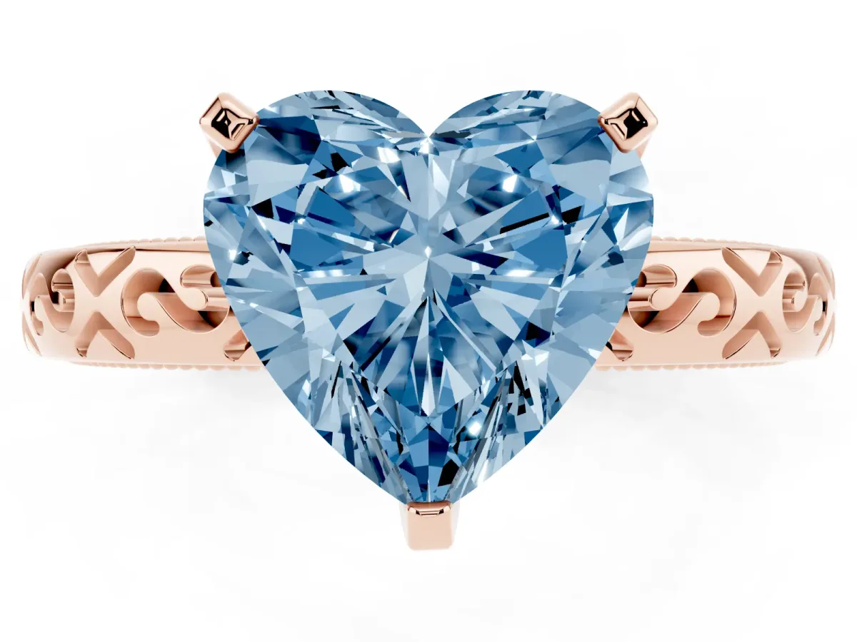 Fancy Blue Heart Cut Solitaire Engagement Ring with Scrollwork Band and Four-Prong Setting Rose gold