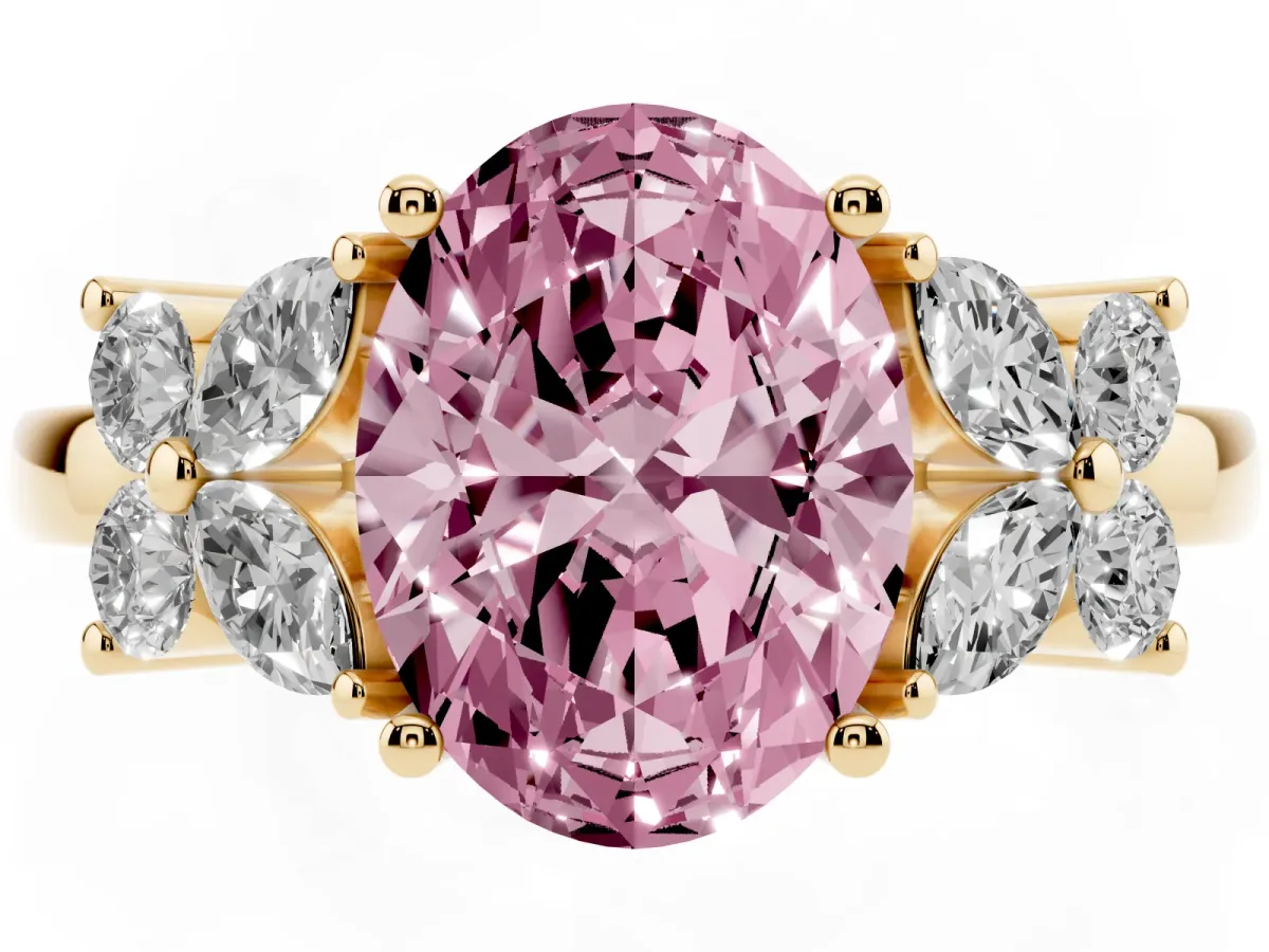 Fancy Pink Oval Cut Diamond Floral Cluster Ring with Solitaire Band and Prong Setting Yellow gold