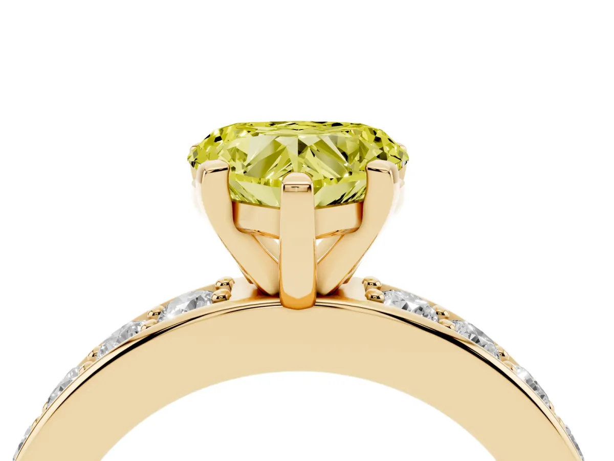 Fancy Yellow Heart Cut Diamond Engagement Ring with Channel Set Round Band and Prong Setting Yellow gold