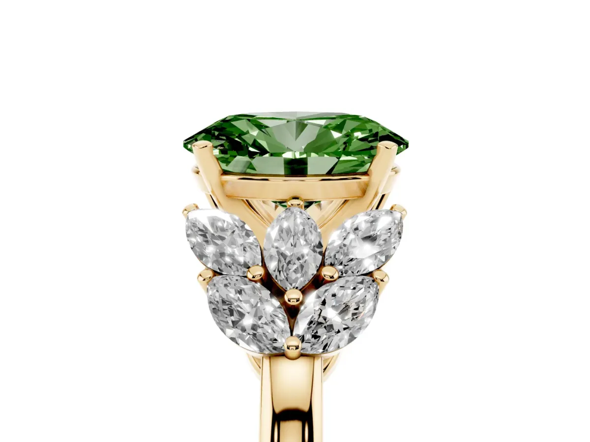 Fancy Green Oval Cut Diamond Cluster Leaf Design Ring with Prong Setting Yellow gold