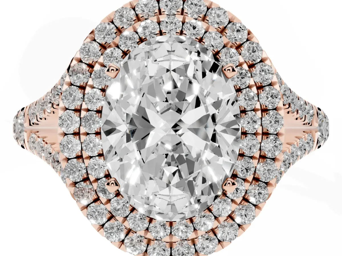 Double Halo Oval Cut Diamond Split Shank Engagement Ring with Four-Prong Setting Rose gold
