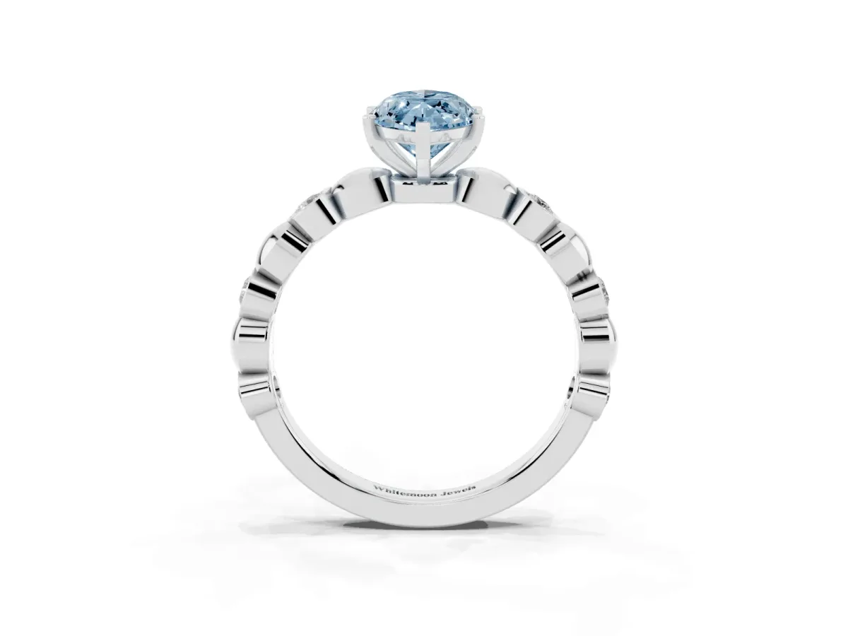 Fancy Blue Marquise Cut Solitaire Bezel-Set Diamond Ring with Beaded Band and Four-Prong Setting Silver