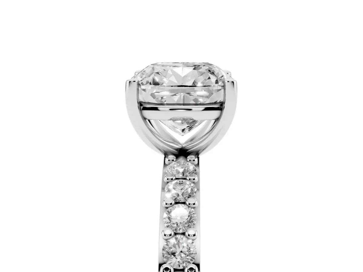 Cushion Cut Cut Diamond Solitaire with Pave Band and Four-Prong Setting Silver