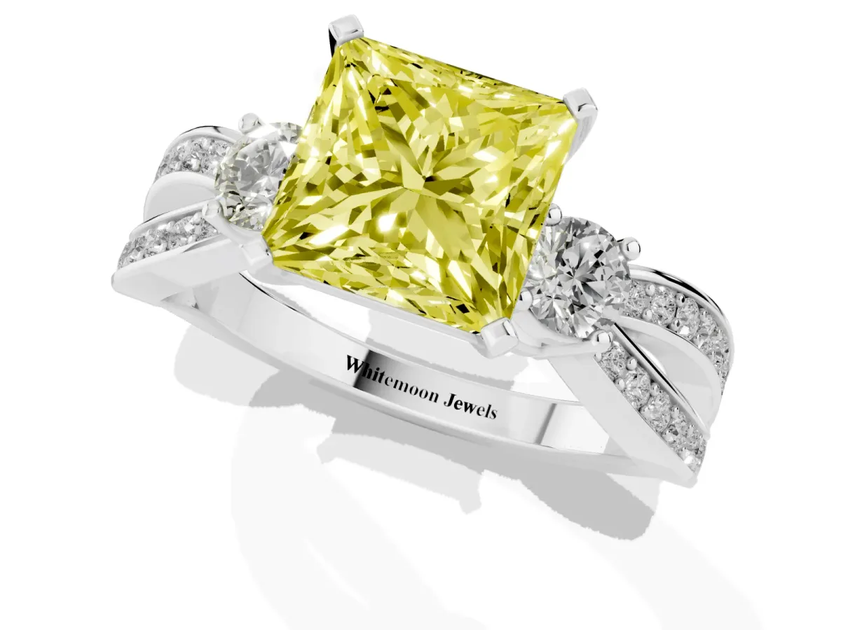 Fancy Yellow Three-Stone Princess Cut Cut Diamond Twist Band with Prong Setting Silver