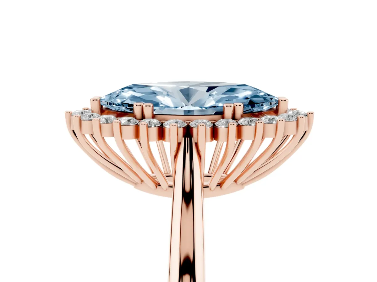 Fancy Blue Marquise Cut Cut Diamond Halo Ring with Solitaire Band and Prong Setting Rose gold