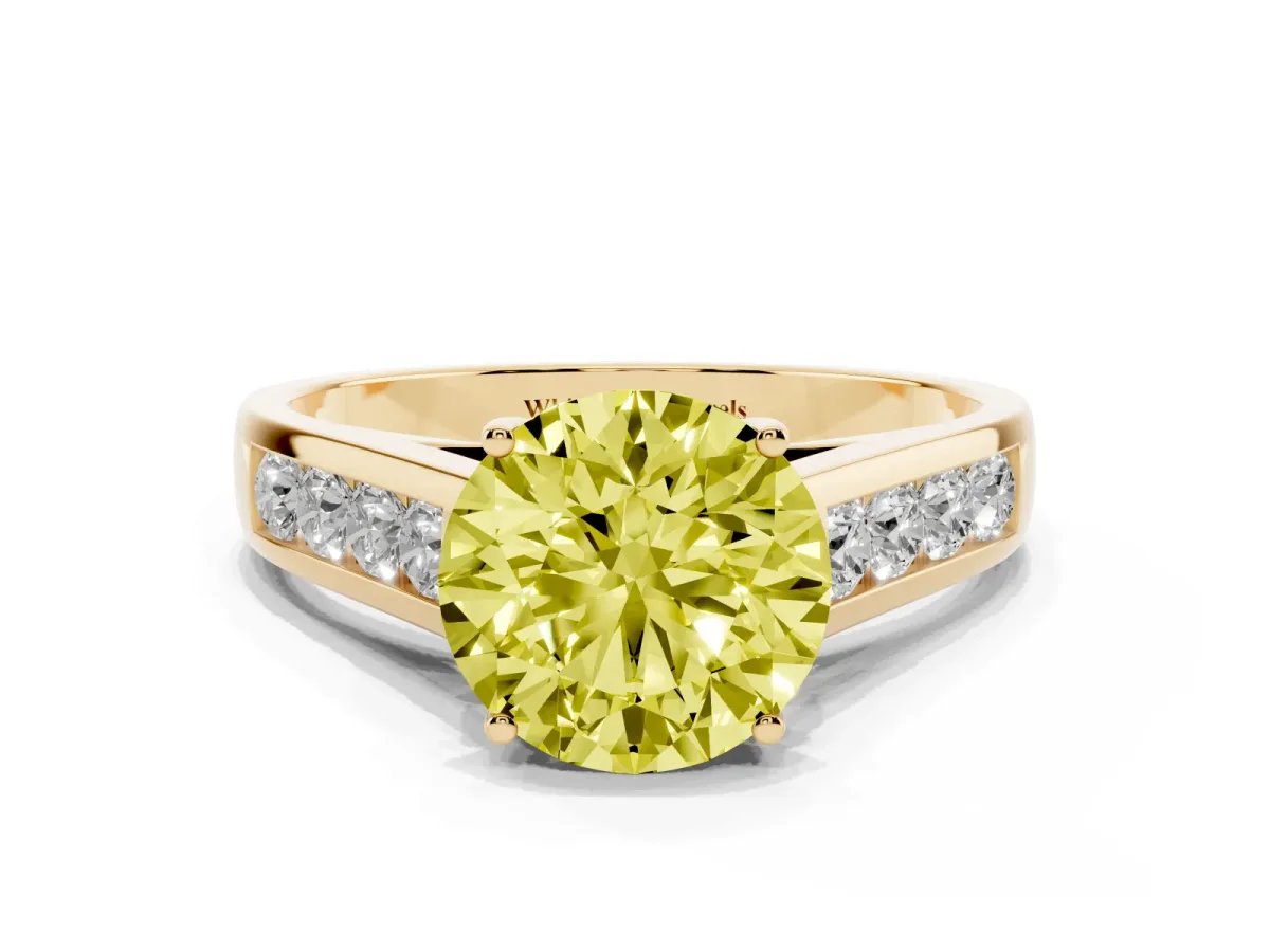 Fancy Yellow Round Cut Brilliant Channel-Set Solitaire Ring with Four-Prong Setting Yellow gold