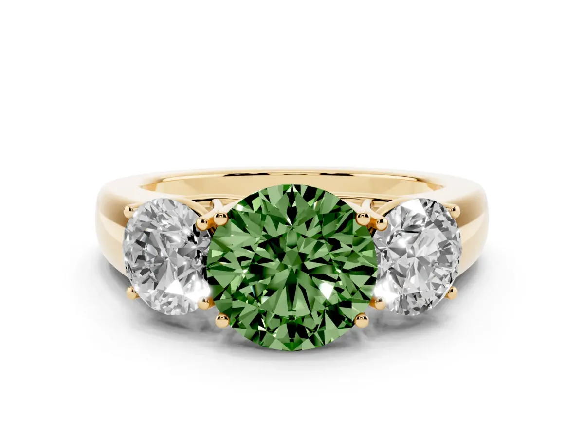Fancy Green Three-Stone Round Cut Cut Diamond Ring with Prong Setting and Classic Band Yellow gold