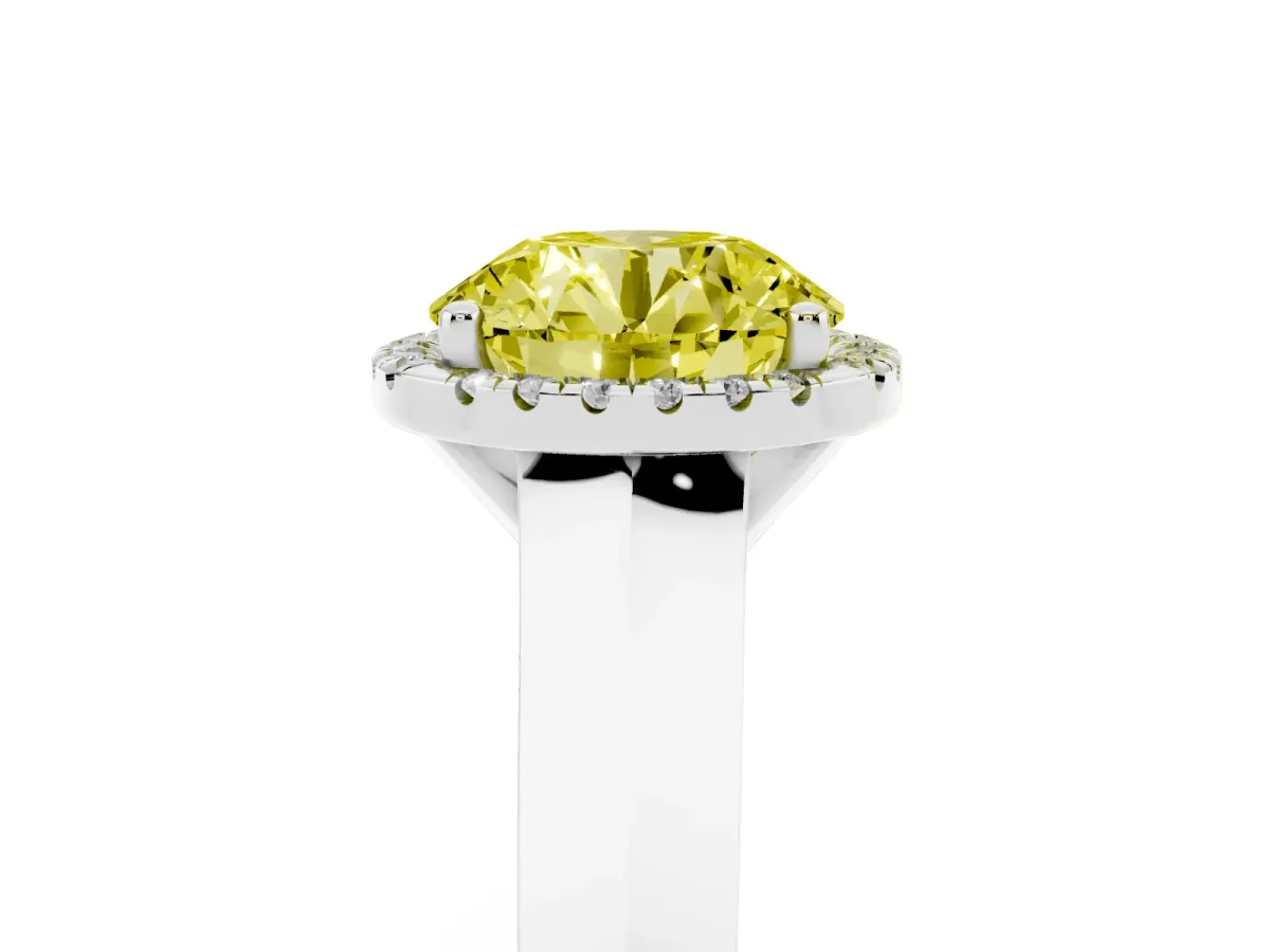Fancy Yellow Round Cut Halo Diamond Ring with Cathedral Band and Four-Prong Setting Platinum