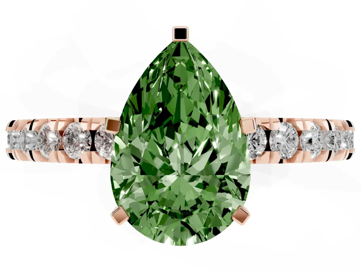 Fancy Green Pear Cut Diamond Pavé Band Solitaire with Four-Prong Setting Rose gold