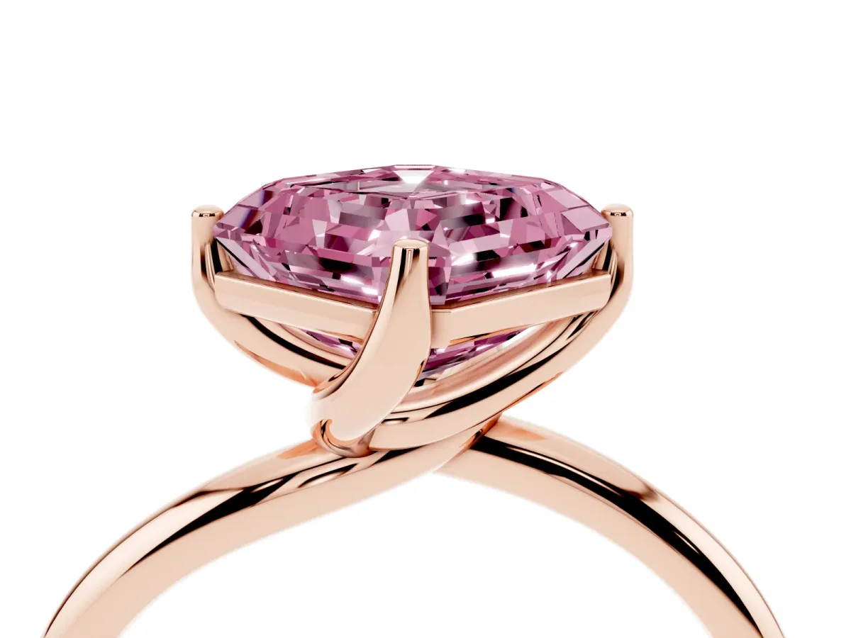 Fancy Pink Asscher Cut Diamond Solitaire Engagement Ring with Four-Prong Setting and Classic Band Rose gold