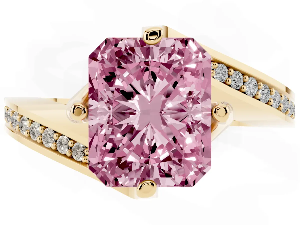 Fancy Pink Radiant Cut Solitaire Diamond Twist Band with Pavé Setting and Four-Prong Setting Yellow gold
