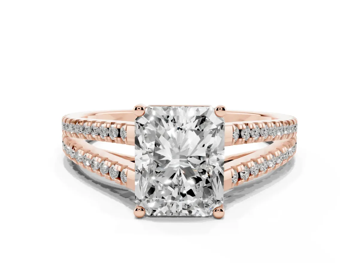 Radiant Cut Diamond Solitaire Engagement Ring with Split Shank Pavé Band Rose gold