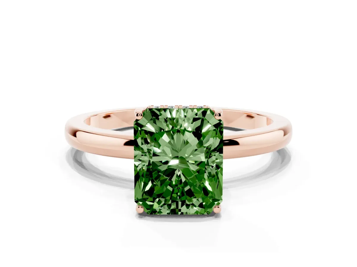Fancy Green Radiant Cut Solitaire Diamond Ring with Prong Setting and Plain Band Rose gold