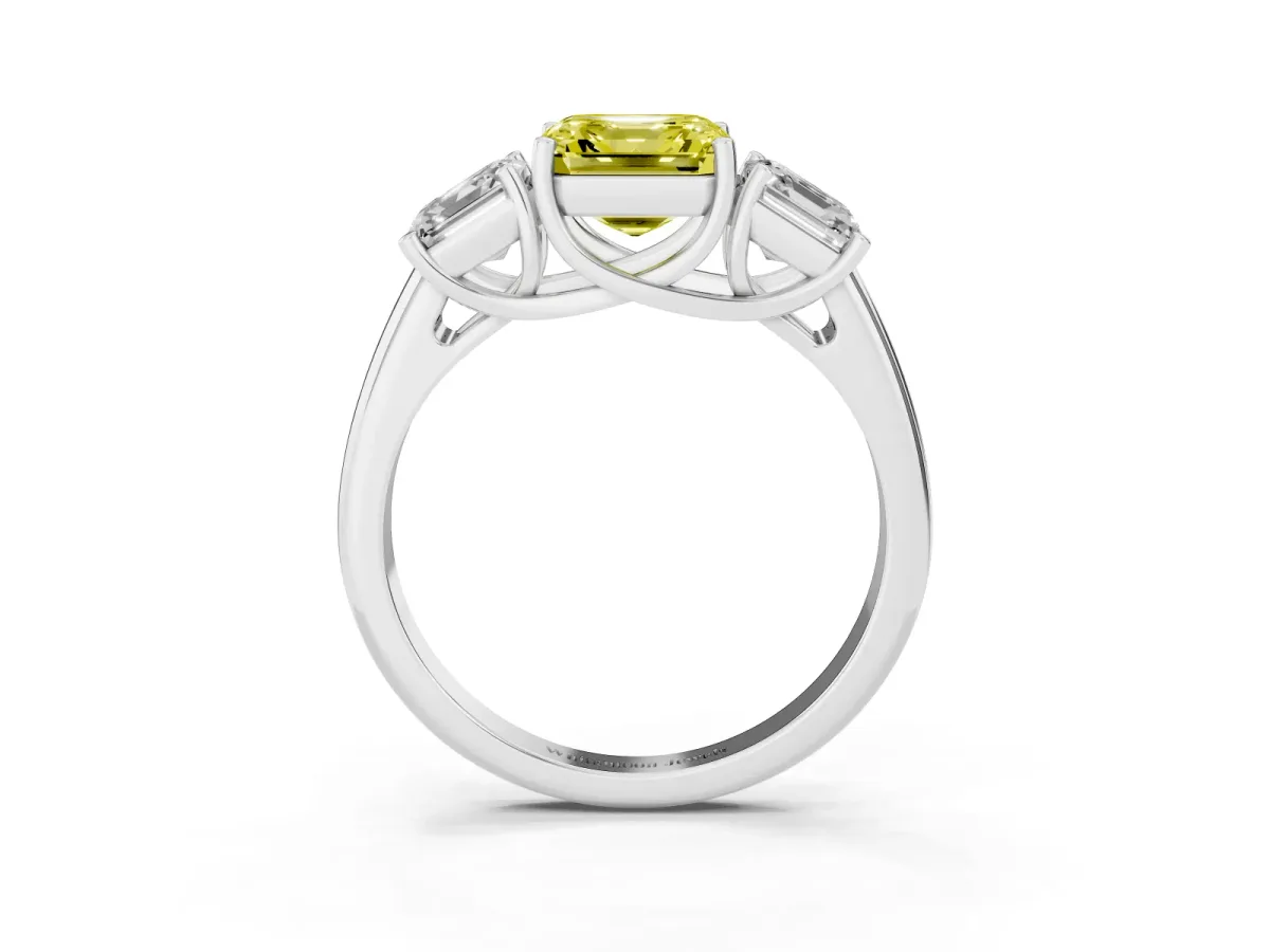 Fancy Yellow Three-Stone Asscher Cut Diamond Engagement Ring with Prong Setting Silver