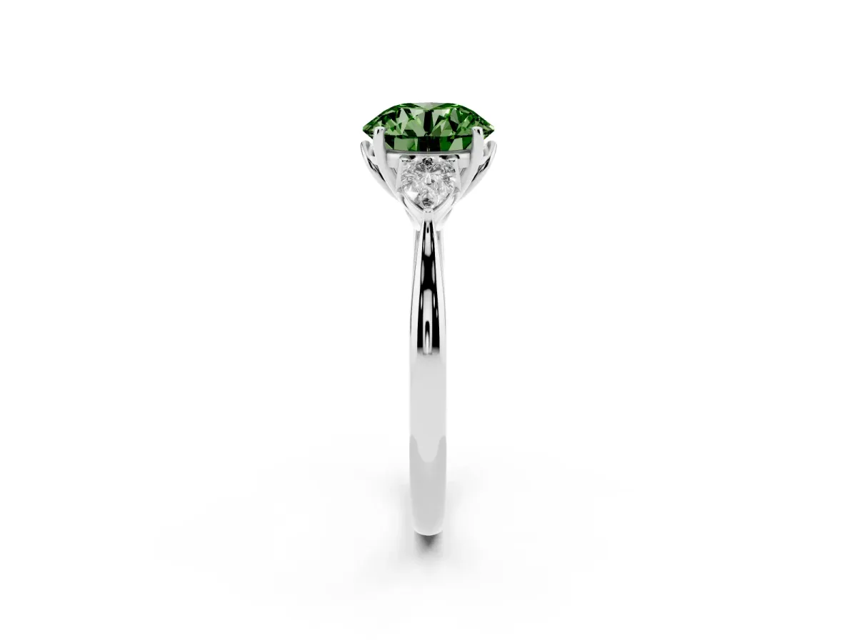 Fancy Green Three-Stone Round Cut Diamond Ring with Pear Side Stones in Four-Prong Setting Platinum