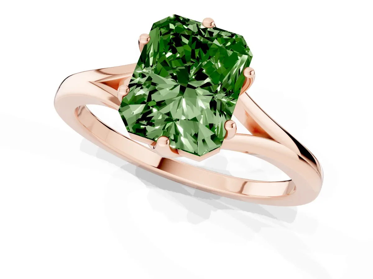 Fancy Green Radiant Cut Solitaire Diamond Ring with Six-Prong Setting and Tapered Band Rose gold