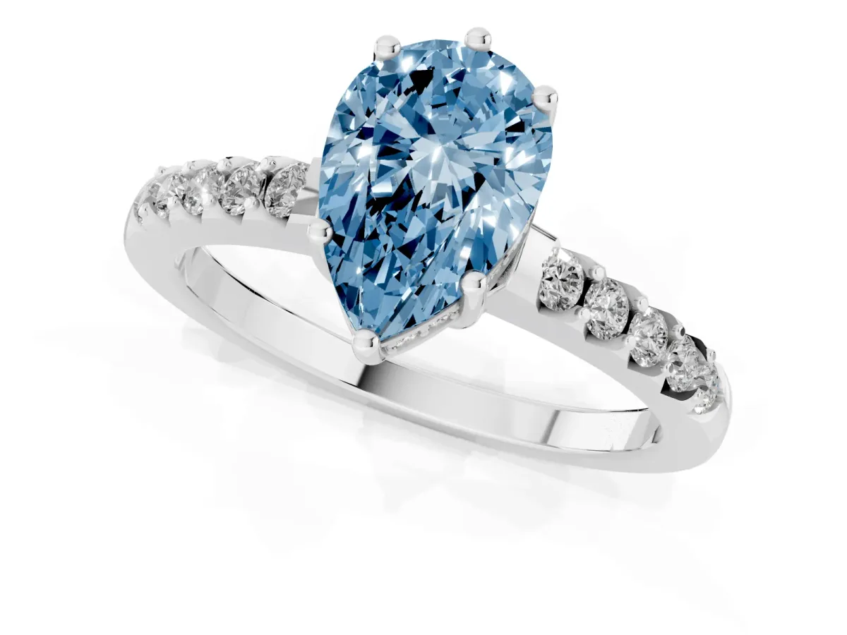 Fancy Blue Pear Cut Solitaire Diamond Engagement Ring with Pavé Band and Six-Prong Setting Silver