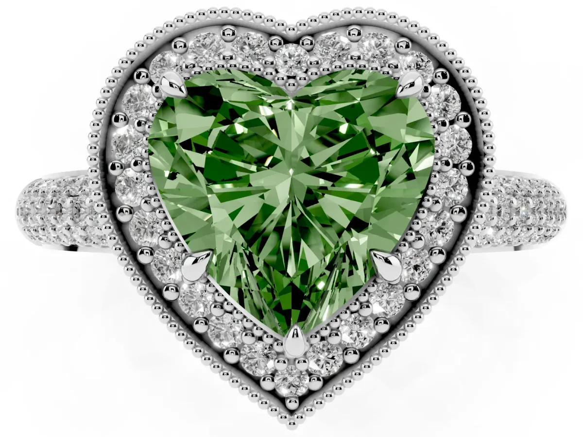 Fancy Green Heart Cut Cut Halo Diamond Pave Band with Four-Prong Setting Platinum