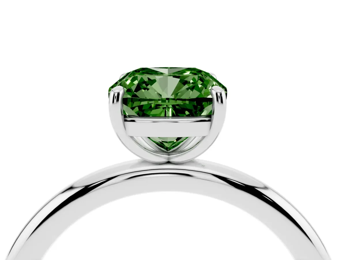 Fancy Green Cushion Cut Solitaire Diamond Ring with Four-Prong Setting on a Plain Band Platinum