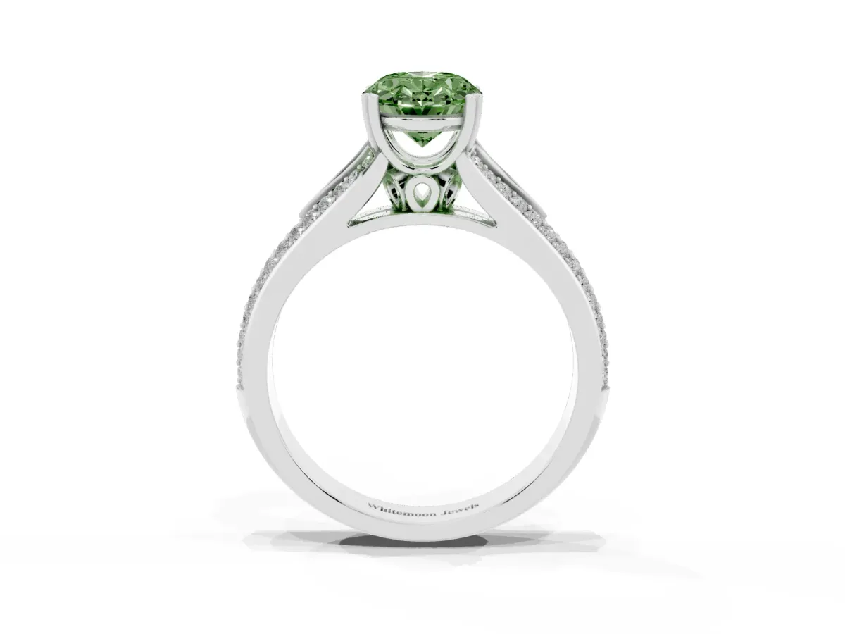 Fancy Green Oval Cut Diamond Split Shank Engagement Ring with Pavé Band Silver