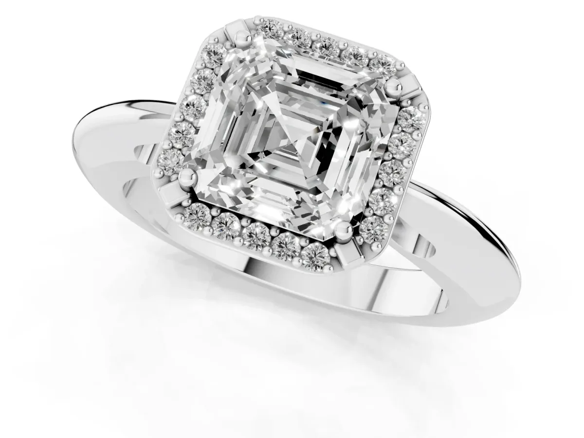 Asscher Cut Cut Diamond Halo Engagement Ring with Split Shank and Four-Prong Setting Silver