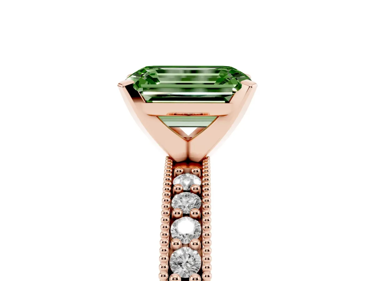 Fancy Green Emerald Cut Diamond Milgrain Pavé Engagement Ring with Four-Prong Setting Rose gold