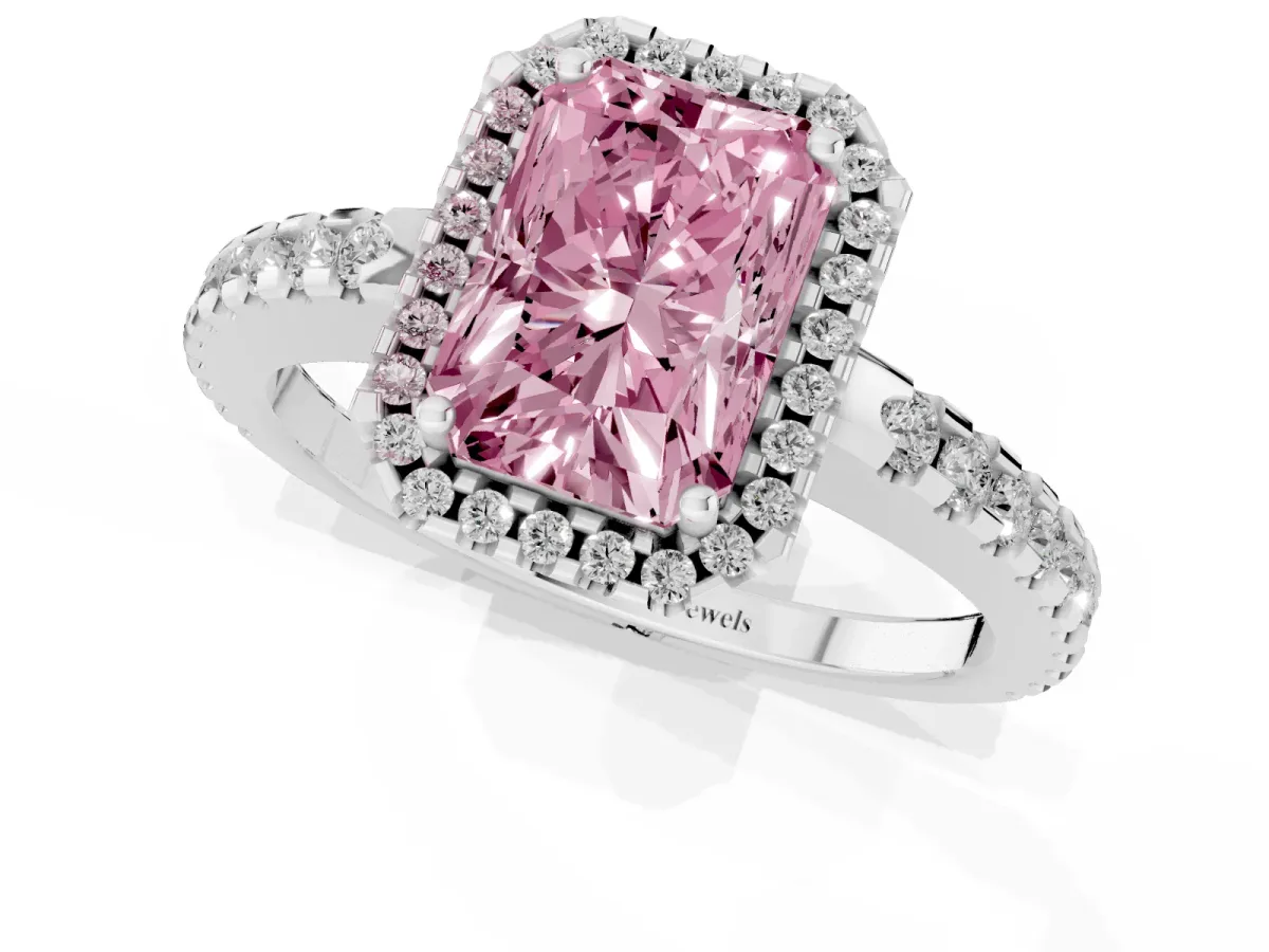 Fancy Pink Radiant Cut Diamond Halo Engagement Ring with Pavé Band and Prong Setting Silver