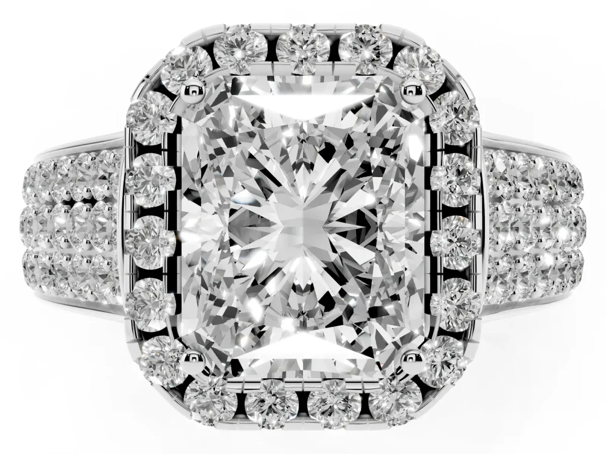 Radiant Cut Halo Round Diamond Pave Band with Prong Setting Silver