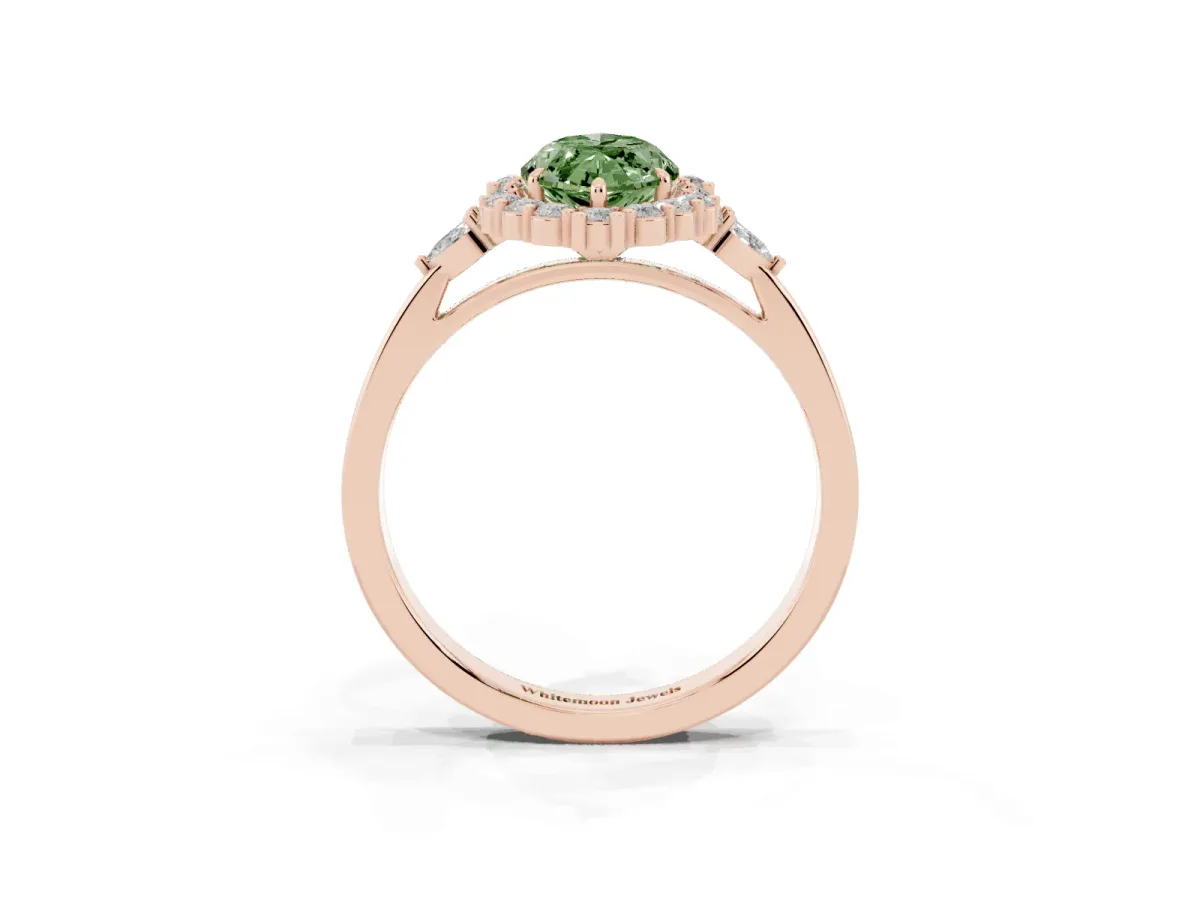 Fancy Green Marquise Cut Diamond Halo Ring with Pear Side Stones and Prong Setting Rose gold