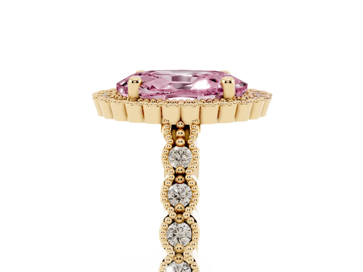 Fancy Pink Oval Cut Cut Halo Pavé Solitaire Ring with Milgrain Band Yellow gold