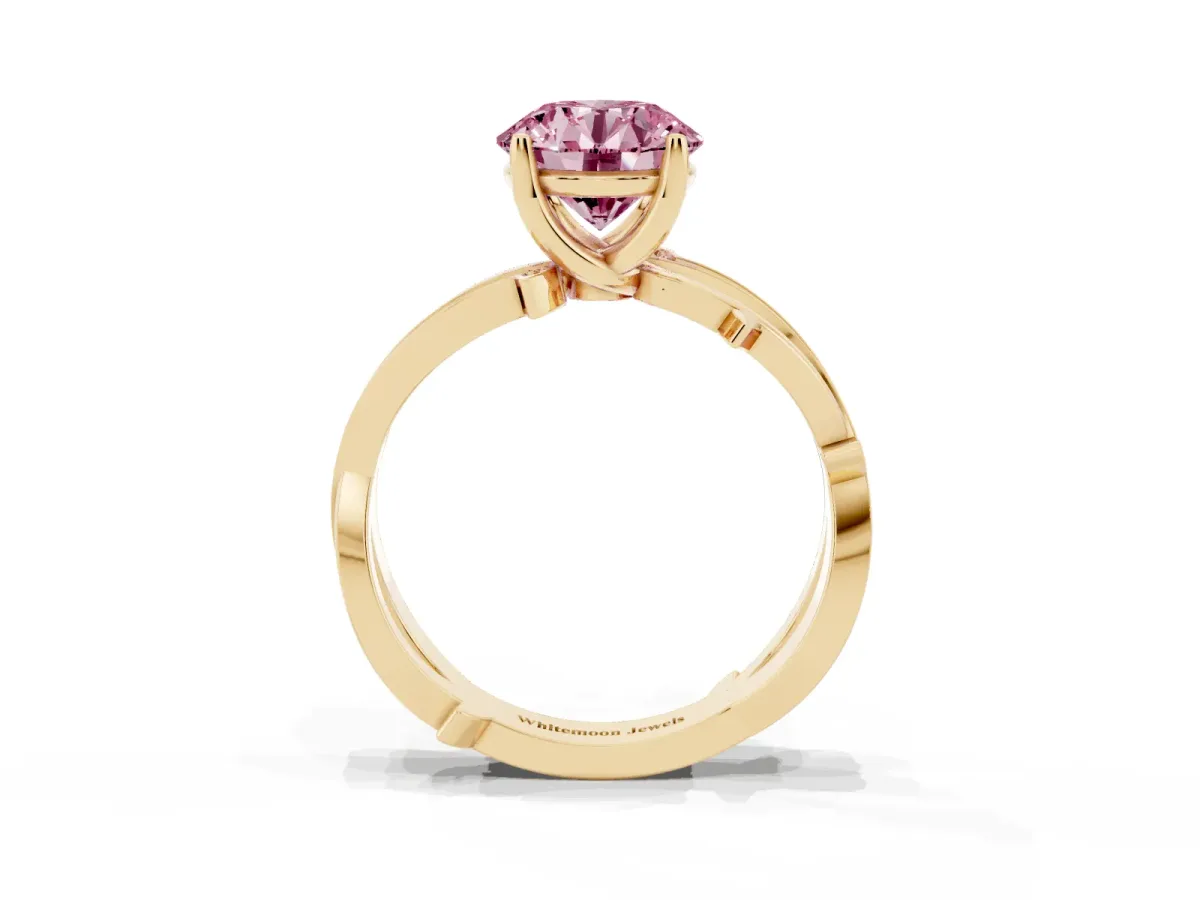 Fancy Pink Round Cut Solitaire Twist Band with Pavé Accents and Four-Prong Setting Yellow gold
